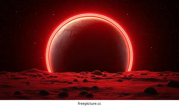 Red Neon Planet on Martian Landscape