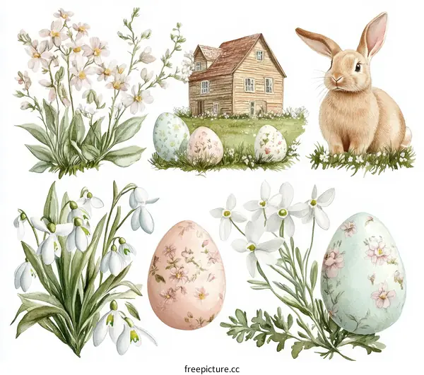 Easter Illustration with Rabbit and Eggs
