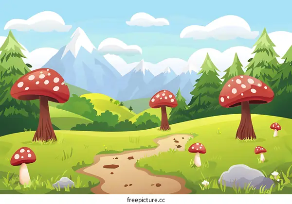Cartoon Illustration of Forest Landscape with Red Mushrooms and Mountains in the Background
