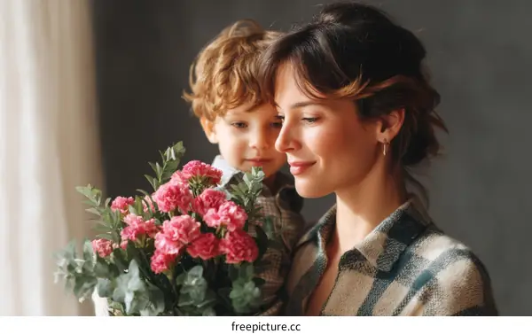 Mother and son with a bouquet of flowers