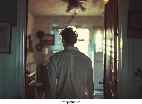 A man standing with his back to the camera in a doorway. He is wearing a white shirt and brown hair. The door is green and leads to a room with a white window and a table with objects on it.