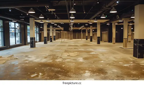 Empty Commercial Space Under Construction With Concrete Floor