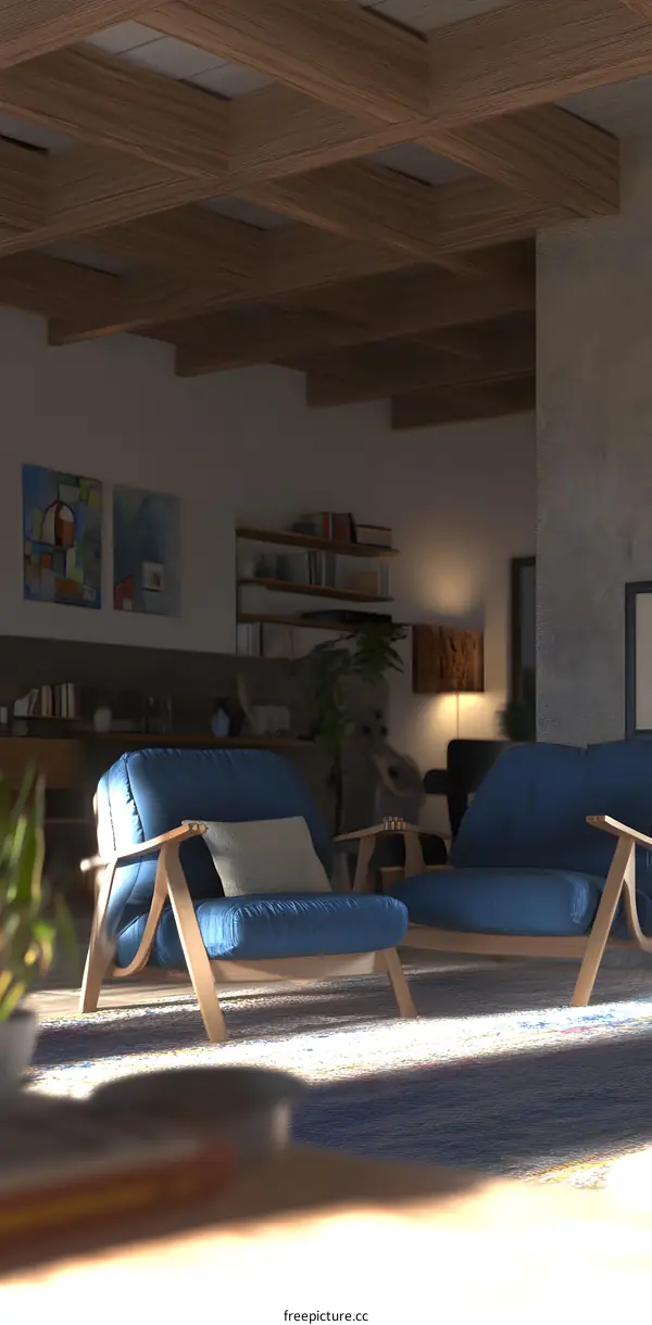 Modern Living Room with Blue Armchairs and Wooden Ceiling