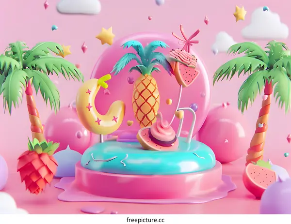 Summer Fruit 3D Illustration with Pink Background