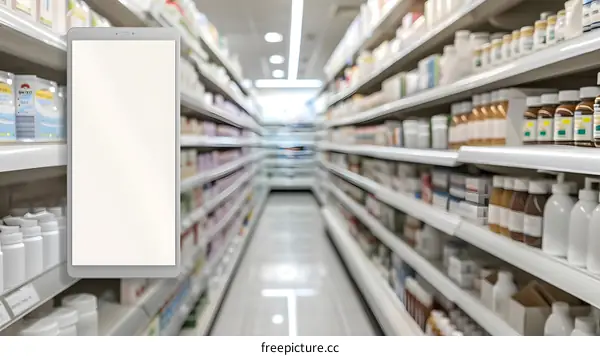 White Tablet Mockup on Pharmacy Shelves