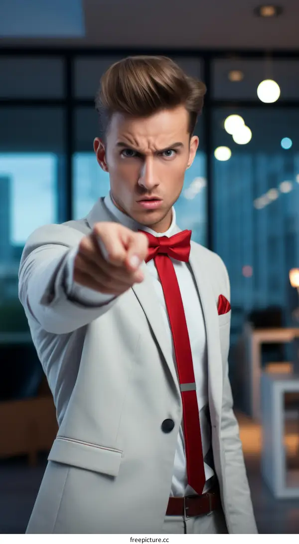 Portrait of a man in a suit and bow tie pointing at the camera