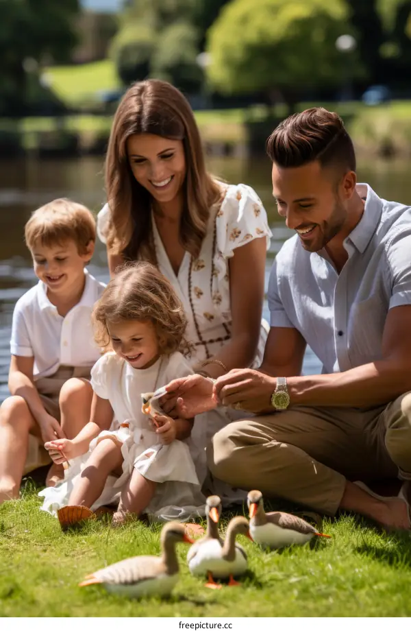Family of four feeding ducks by the river on a sunny day