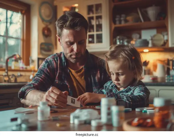 Father and daughter looking at medicine together