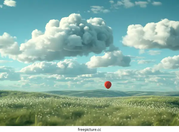 A red hot air balloon flying over a lush green field
