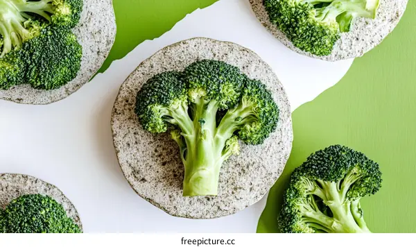 Fresh Broccoli Heads on Decorative Plates