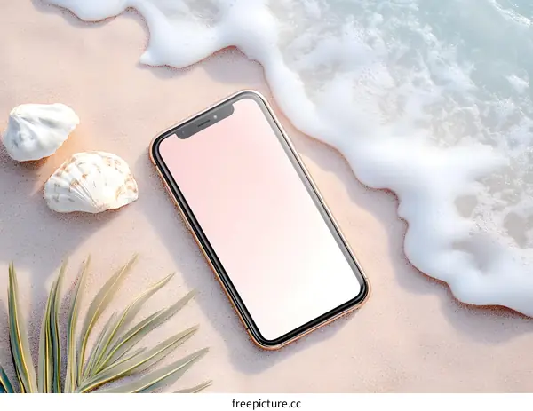 Gold Smartphone Mockup with Seashells and Palm Leaves on Beach