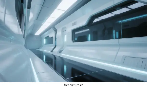 Futuristic White Corridor with Blue LED Lights in Sci-Fi Setting