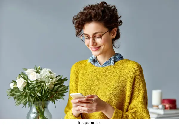 Woman using mobile phone with flowers
