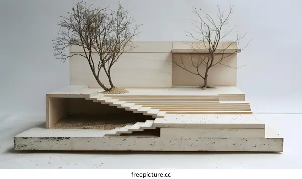 Wooden Model of a Modern Garden with Steps and Trees