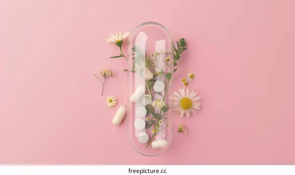 Close-up image of pills and chamomile flowers on a pink background