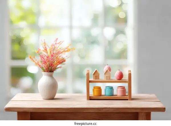 Cozy Home Decor with Small Wooden Items on Wooden Table