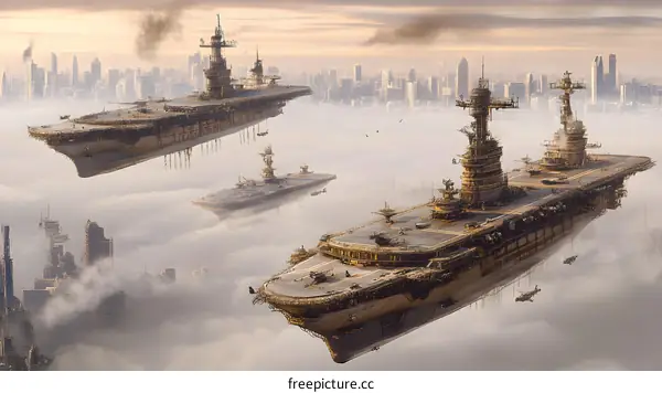 Flying Aircraft Carriers Over Futuristic Cityscape