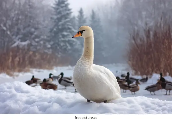 Winter Swan in Snowy Park