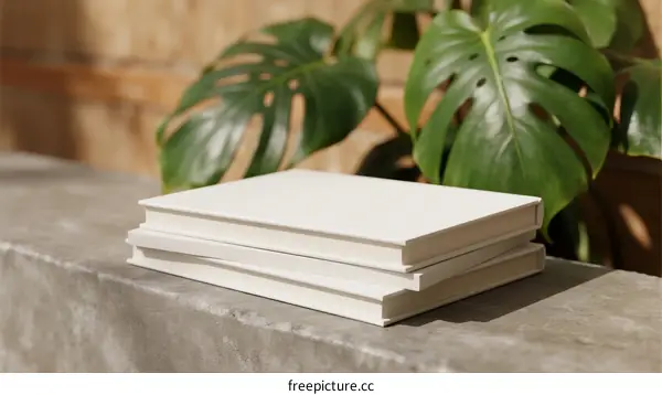 A stack of blank white notebooks placed on a concrete surface with green leaves in the background