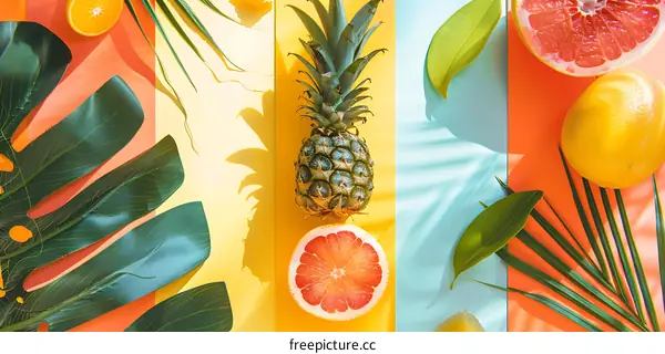 Tropical Fruits and Palm Leaves on Colorful Background