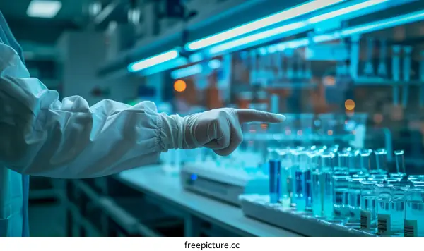 gloved hand pointing at lab glassware