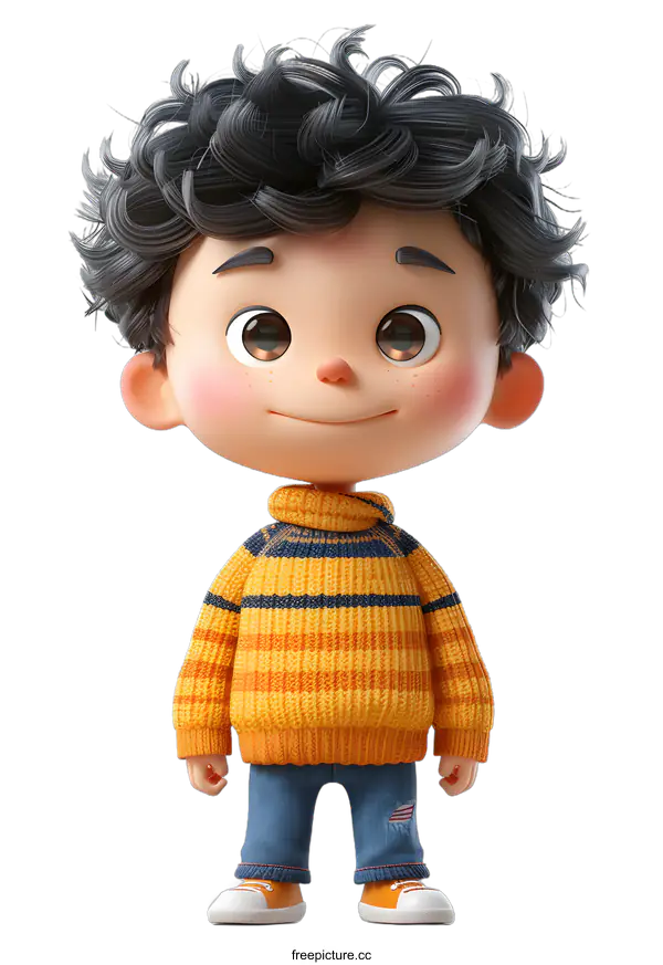 [Transparent Background PNG]Smiling Cartoon Boy in a Striped Sweater