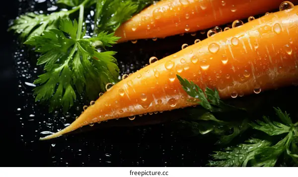 Close-up photo of orange carrots with green leaves on black background
