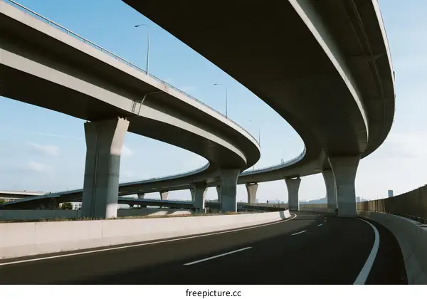 Complex highway overpass structure with multiple elevated roads