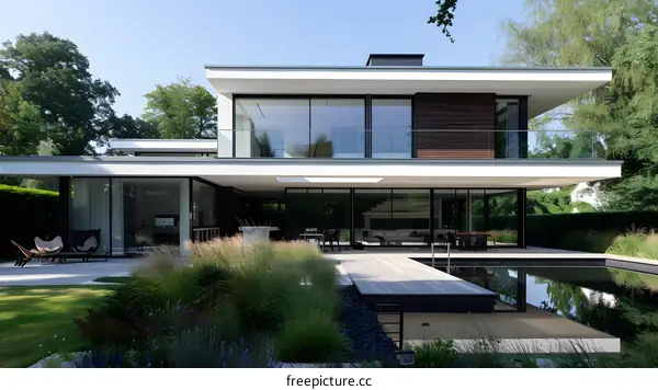Modern House with Swimming Pool and Lush Greenery