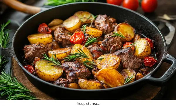 Roasted Potatoes and Beef Stew in Cast Iron Pan