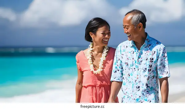 Happy Couple Walking on a Tropical Beach