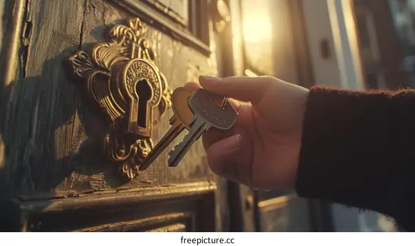 Hand holding a key to unlock a door with sunlight in the background