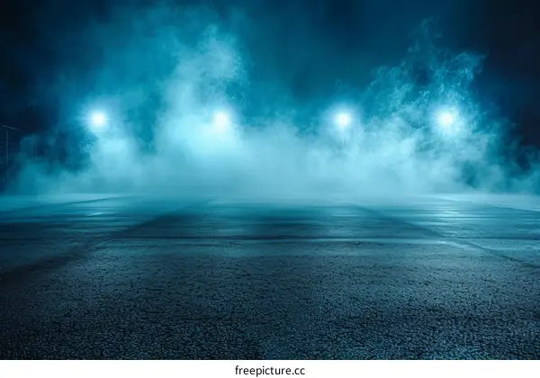 Dark and mysterious empty parking lot with blue lights and smoke
