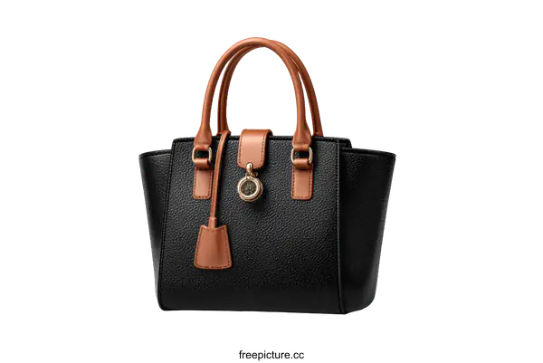 [Transparent Background PNG]Black Leather Tote Bag with Tan Accents