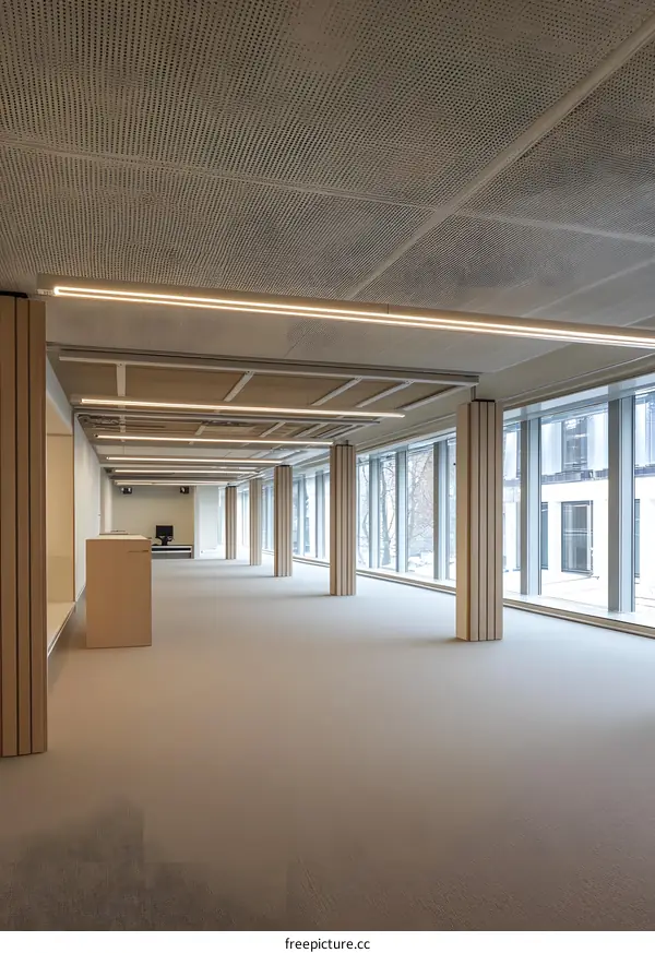 Modern Empty Office Space with Large Windows and Wooden Columns
