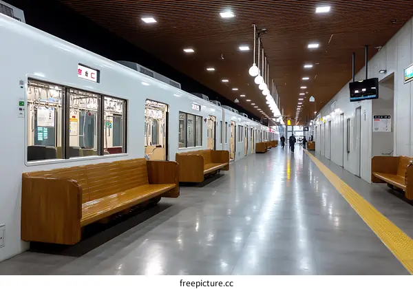 Modern Subway Station Waiting Area with Wooden Seats