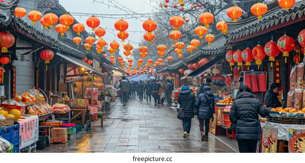 Crowded hutong with red lanterns during the Spring Festival in Beijing