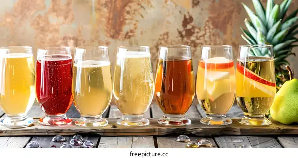 Variety of Sparkling Drinks with Fresh Fruit and Pineapple