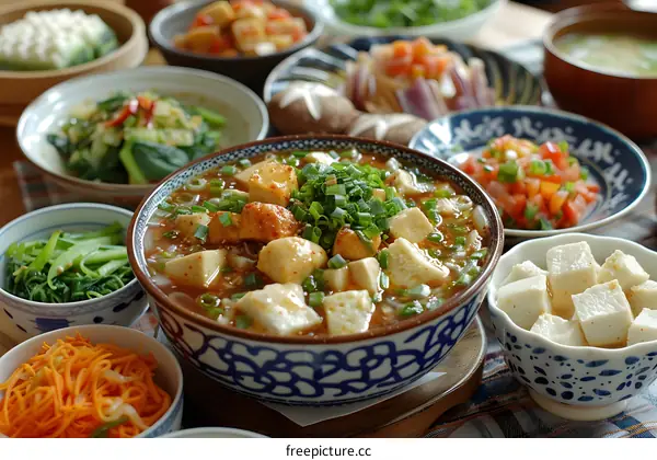 A delicious bowl of tofu soup with various side dishes
