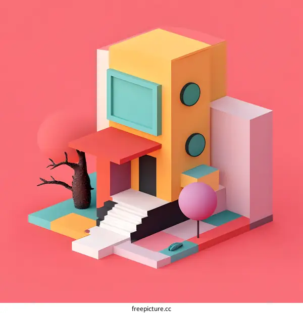 Abstract Geometric House with Colorful Shapes and Minimalist Design