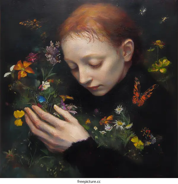 Woman With Flowers and Butterflies