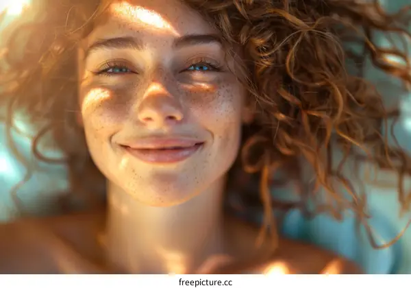 Close-up Portrait of a Woman with Freckles and Curly Hair