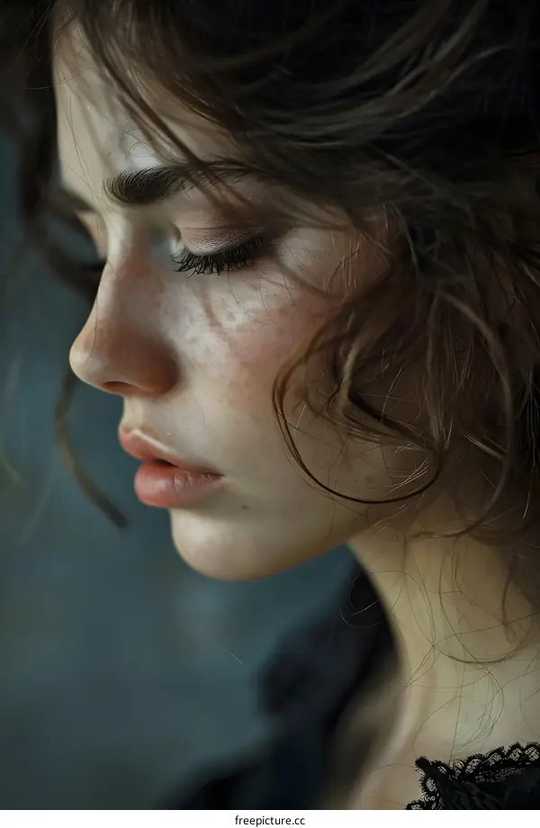 portrait of a young woman with freckles on her face