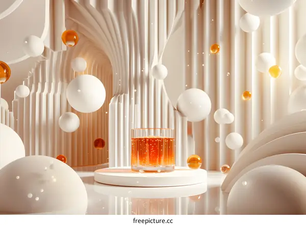 A glass of amber liquid in a surreal white geometric space