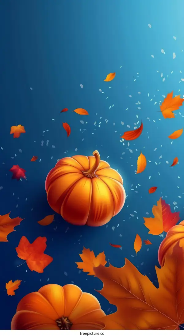 Three pumpkins and colorful leaves on blue background