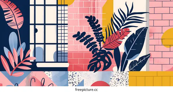 Abstract Colorful Pattern with Window, Leaves, and Brick Wall