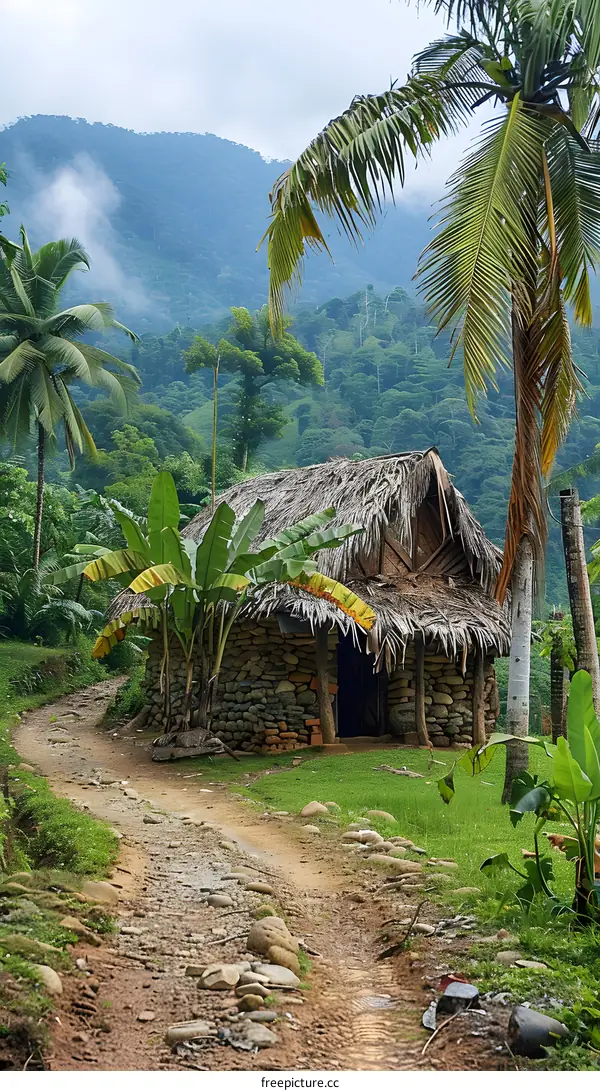 Stone Hut in Lush Green Tropical Jungle with Palm Trees