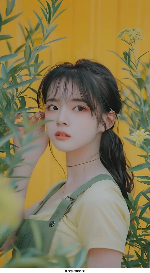 Young Woman in Green Dress Standing in Front of Yellow Wall