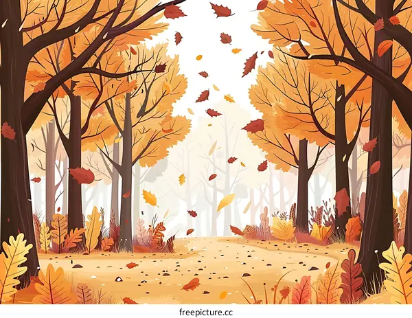 Autumn Forest Landscape With Falling Leaves