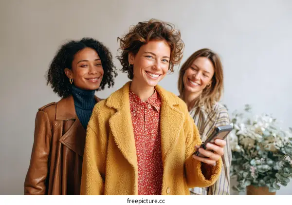Three Diverse Women Smiling and Using a Mobile Phone